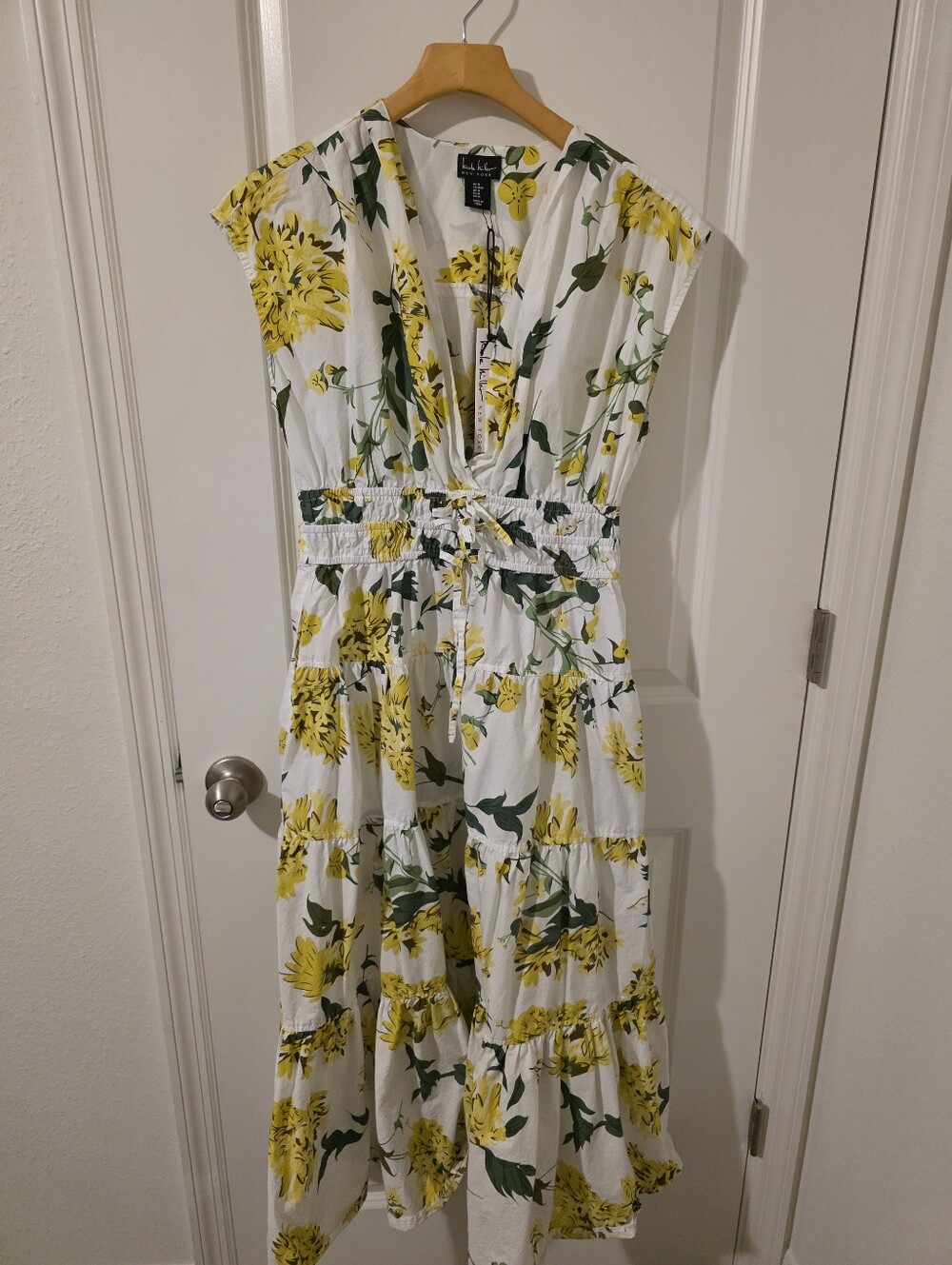 Nicole Miller White Maxi Dress with Yellow Floral Print Size M